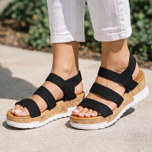 ATHLEFIT Women's Black Strappy Cork Sole Casual Comfort Platform Sandals, 7.5